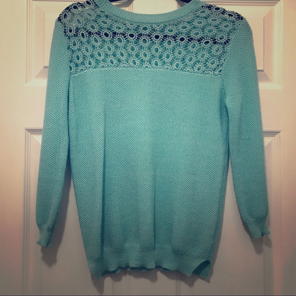Aqua Blue crocheted neck Poof sweater